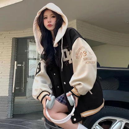Cralom Flocking Hooded Jacket: Y2K Street Fashion Baseball Style Coat
