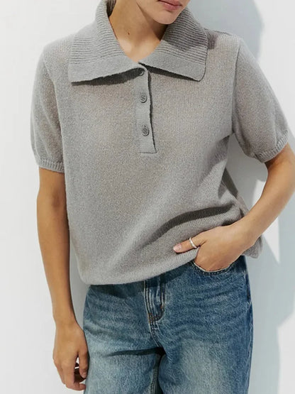 Cralom Summer Knit Polo Bubble Sleeve Sweater for Women