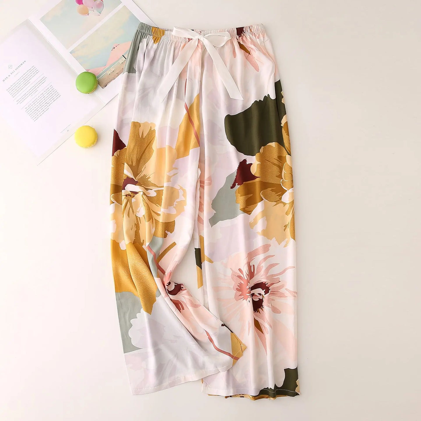 Cralom Floral Cotton Silk Pajama Pants Women's Loose Wide-leg Trousers
