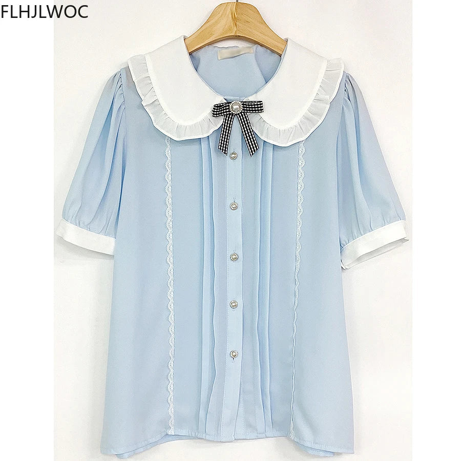 Cralom Sweet Girls Ribbon Bow Tie Blouse Light Blue Ruffles Lace Button Shirt