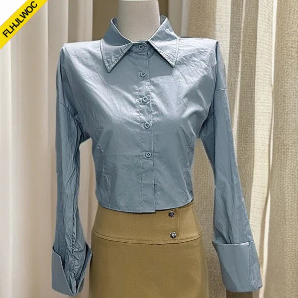 Cralom Button Blue Crop Top Blouse - 2025 Office Chic Y2K Design