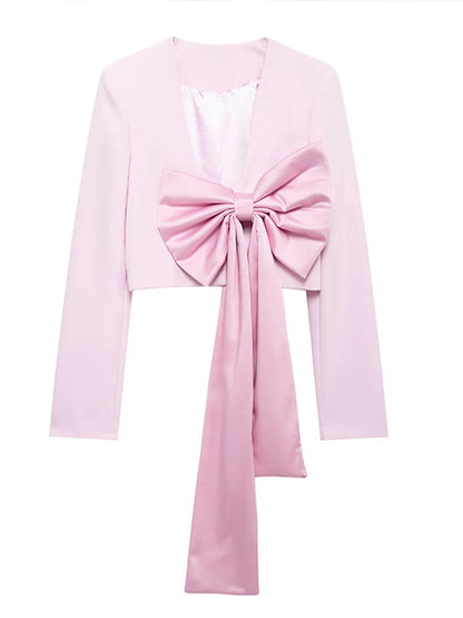 Cralom Patchwork Short Coat Deep V-Neck Long Sleeve Cropped Jacket