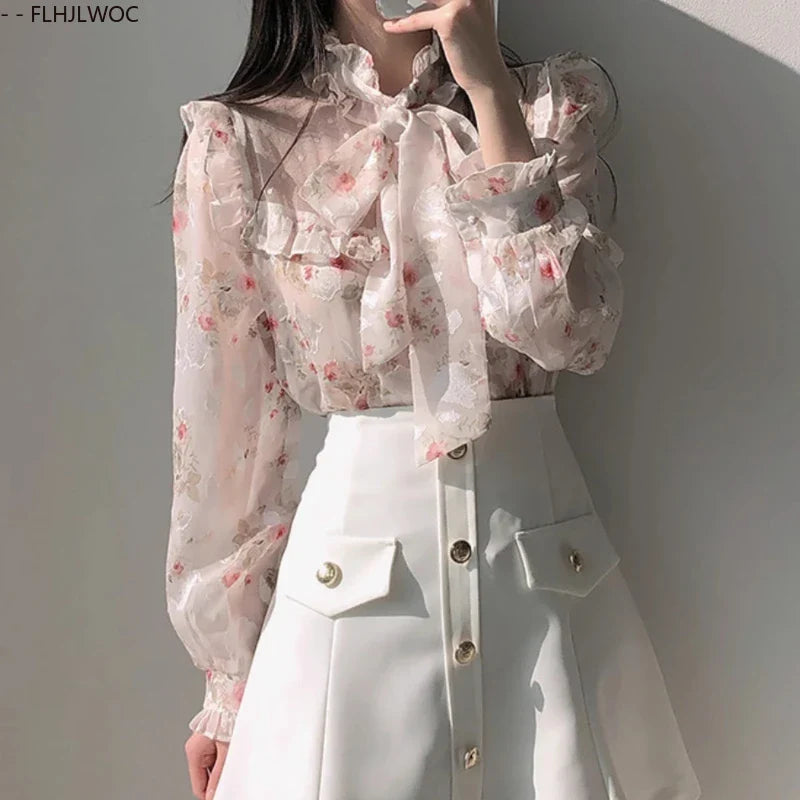Cralom Ruffled Stand Collar Blouse 2025 Y2K Summer Chic Japan Cute Bow Tie Tops