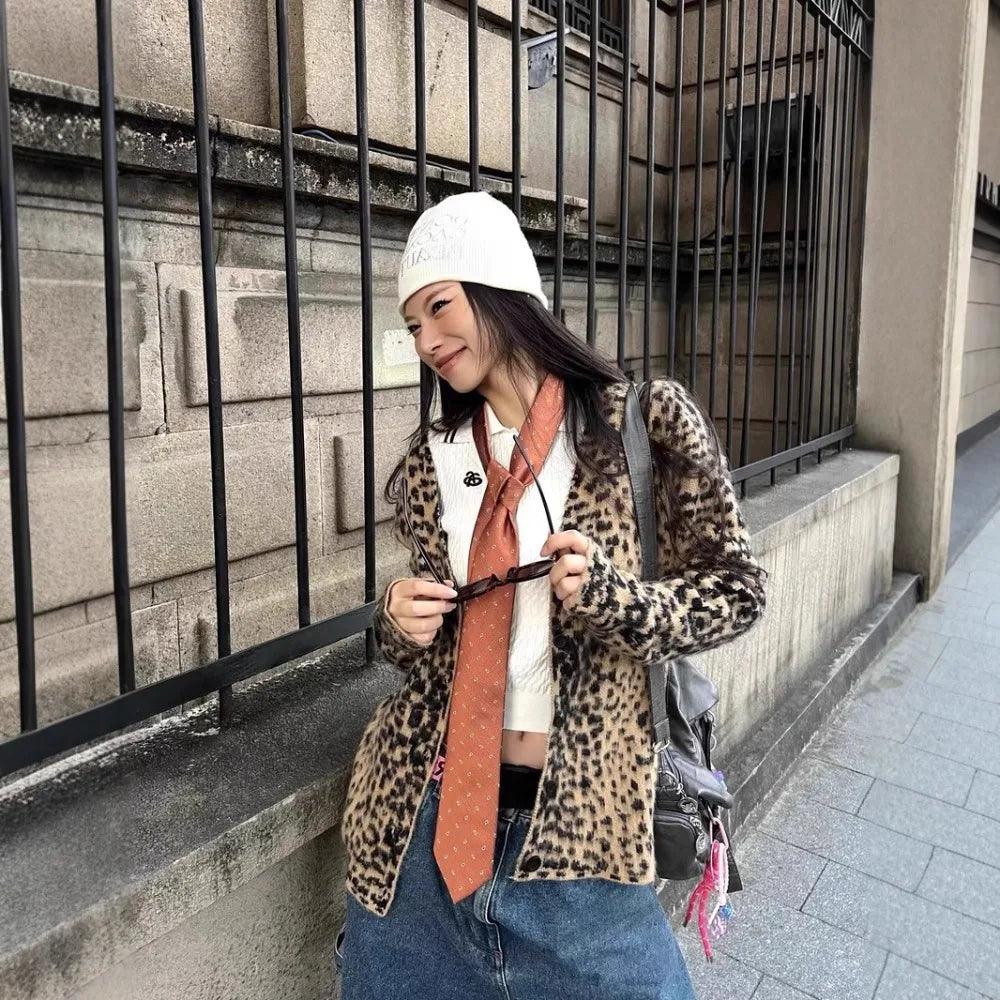 Cralom Leopard Print V Neck Cardigan Slim Fit Long Sleeve Coat Women's Fashion