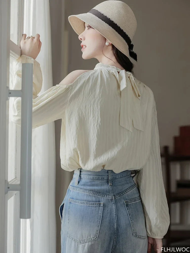 Cralom Off Shoulder Puff Sleeve Lace-Up Blouse