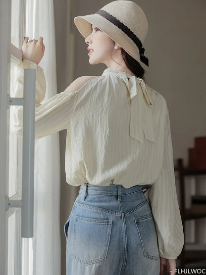 Cralom Off Shoulder Puff Sleeve Lace-Up Blouse