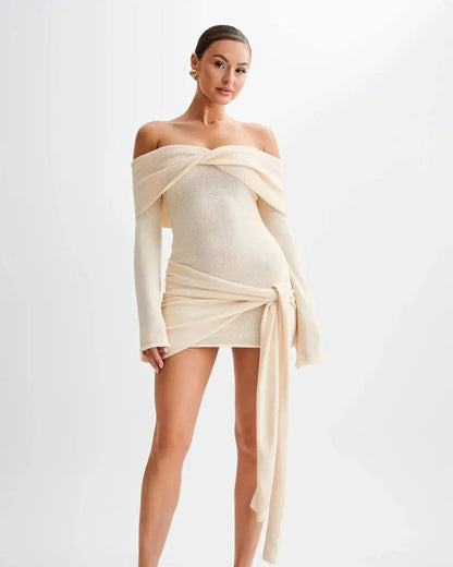 Cralom Lace Up Knit Mini Dress for Women: Off Shoulder, Slash Neck, Long Sleeved