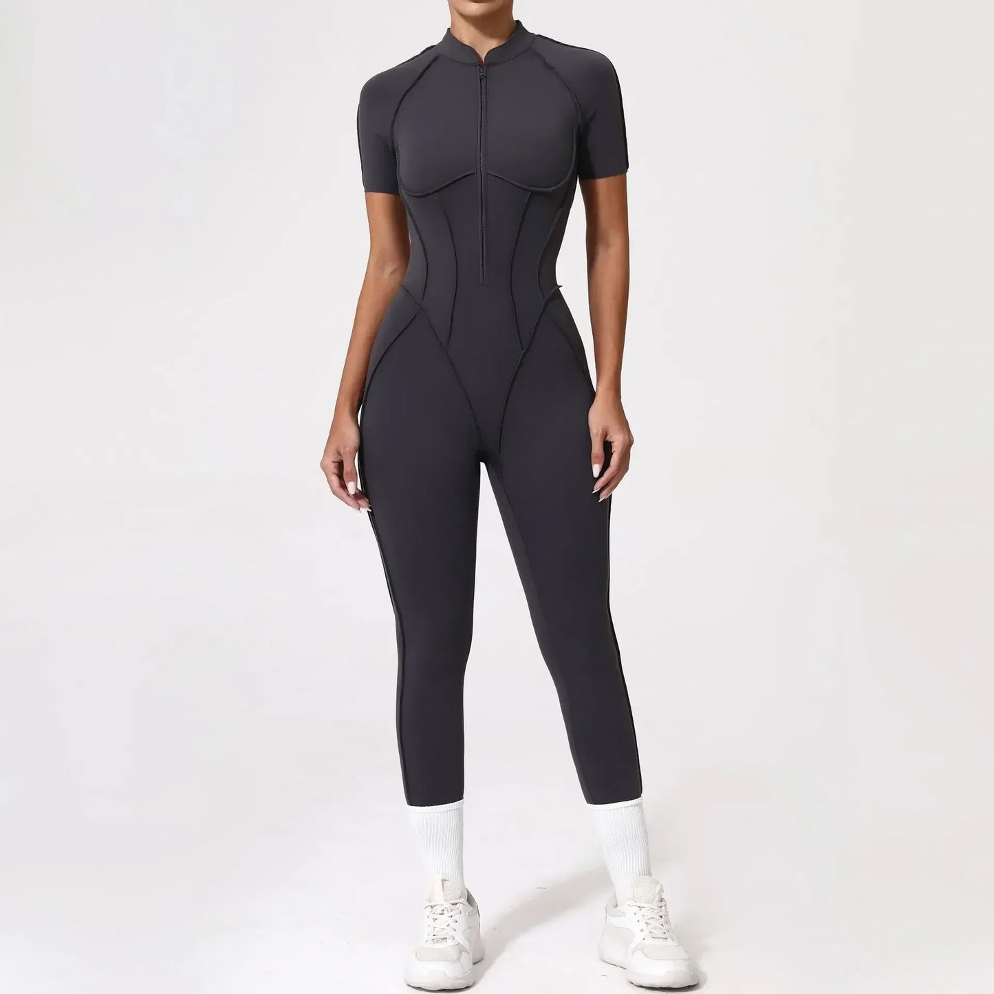 Cralom Seamless Front-Zip Short Sleeve Sports Jumpsuit