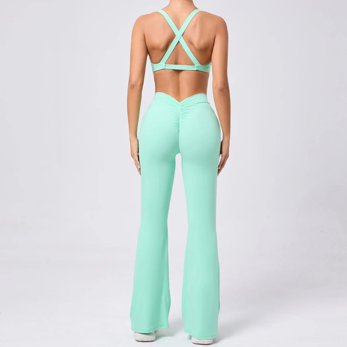 Cralom Flared Pants & Beauty Back Bra Set - Brushed Fabric Yoga Suit