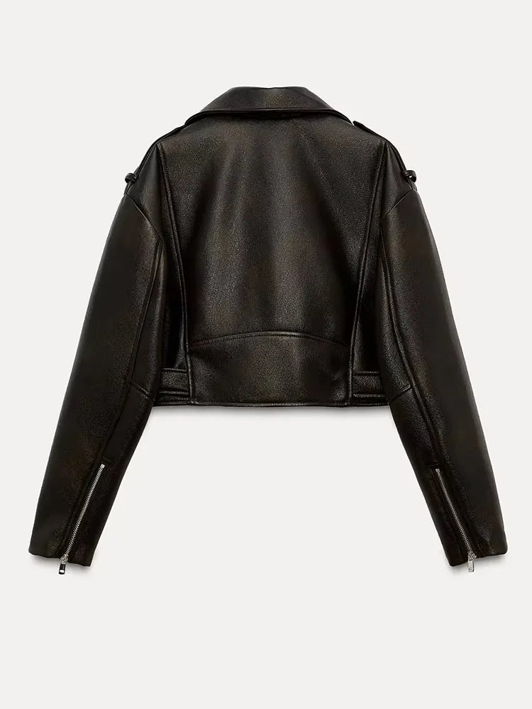 Cralom Vintage Style Short Leather Jacket for Women, Retro Zipper Coat Moto Outwear