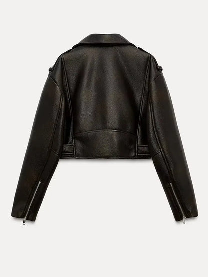 Cralom Vintage Style Short Leather Jacket for Women, Retro Zipper Coat Moto Outwear