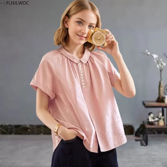 Cralom Short Sleeve Peter Pan Collar Top - Pink Vintage Summer Blouse