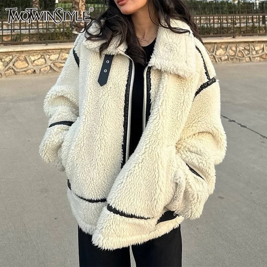 Cralom Lapel Zipper Lamb Wool Coat: Stylish Long Sleeve Jacket for Women
