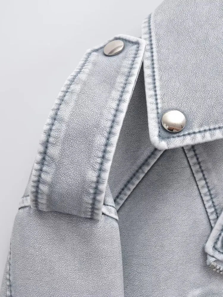 Cralom Chic Lady Lapel Zipper Leather Jacket - Women's Motorcycle Coat