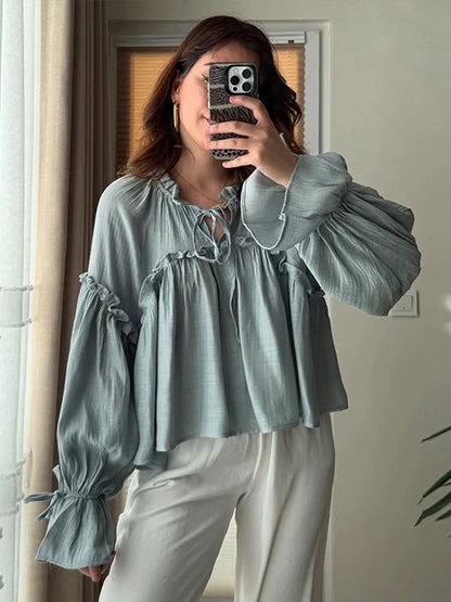 Cralom Casual Ruffles Shirt, Lantern Sleeves, Lace-Up O-Neck, Solid Color Streetwear