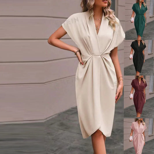 Cralom Short Sleeve V-Neck Dress with Waist Tie - Summer 2025