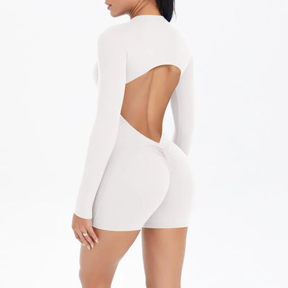 Cralom Seamless Yoga Bodysuit with Cut-Out Back, Half Zip & Peach Booty Lift