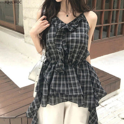 Cralom Plaid Peplum Top: Sleeveless Retro Ruffles and Slim Fit Blouse