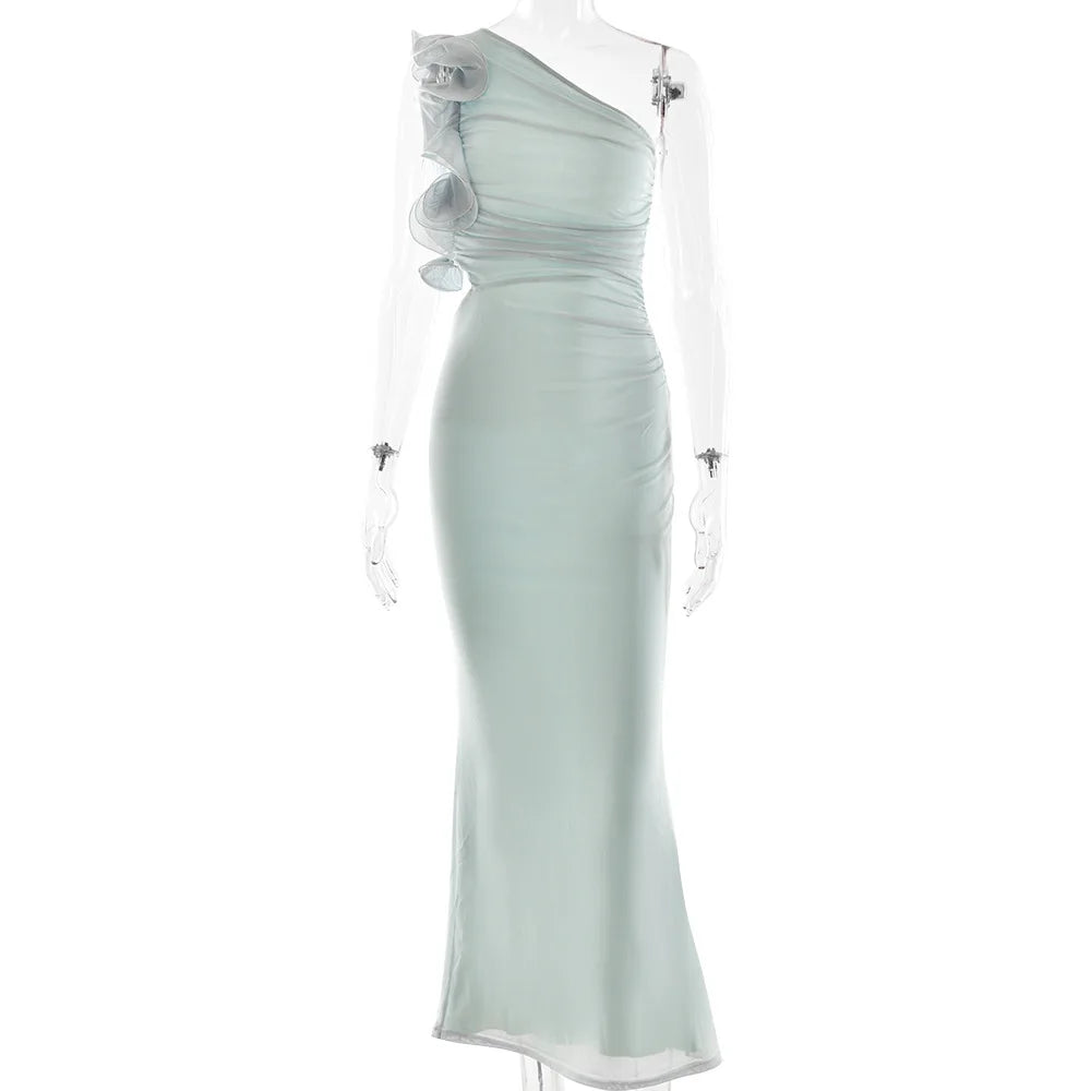 Cralom Floral Mesh One Shoulder Wrap Dress