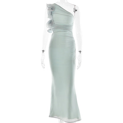Cralom Floral Mesh One Shoulder Wrap Dress
