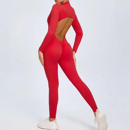 Cralom Seamless Long Sleeve Yoga Bodysuit with Back Cutout & Zipper