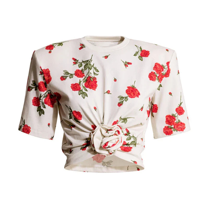Cralom 3D Rose Print Women's Crop Top - Vintage Floral Retro Design