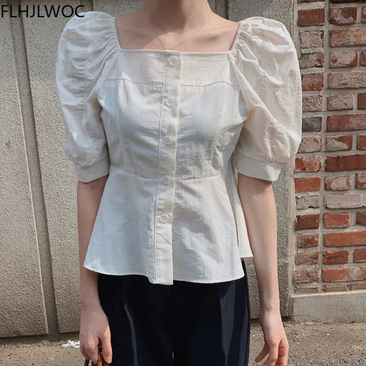 Cralom Sweet Square Neck Tops Blusas, Solid Colors, Single-Breasted Button White Shirts