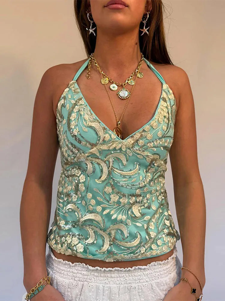 Cralom Sequin Halter Vest: Glittery Beaded Boho Crop Top for Summer Beach Looks
