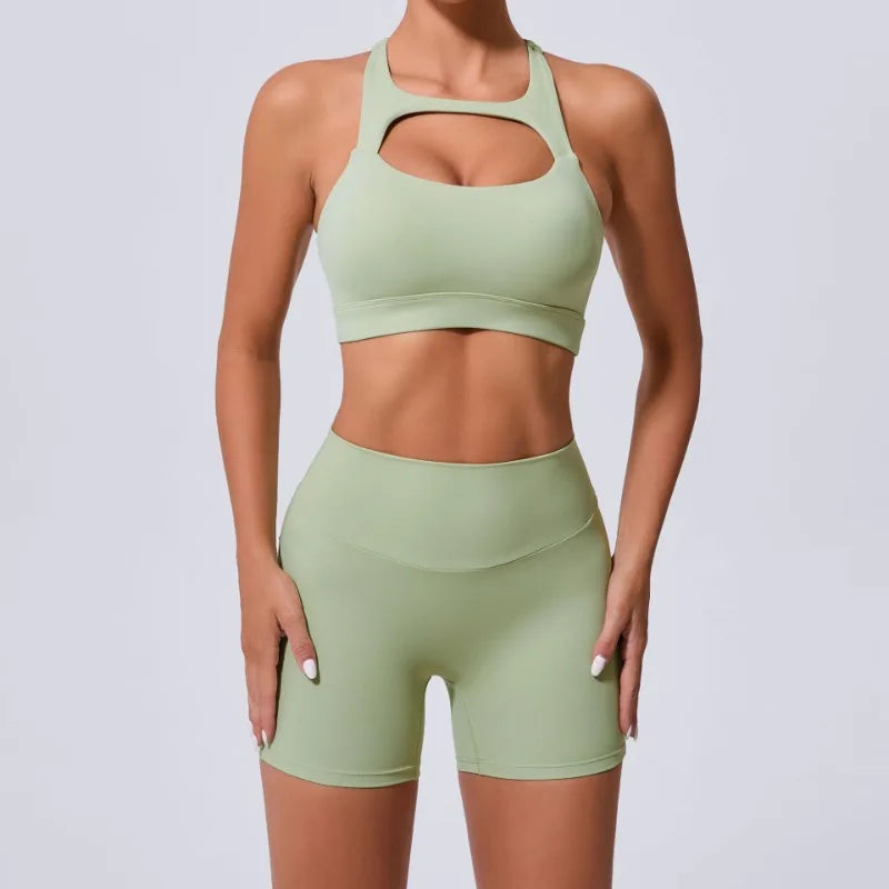 Cralom Yoga Sets: Peach Hip-lifting Shorts & Cross Back Vest for Women