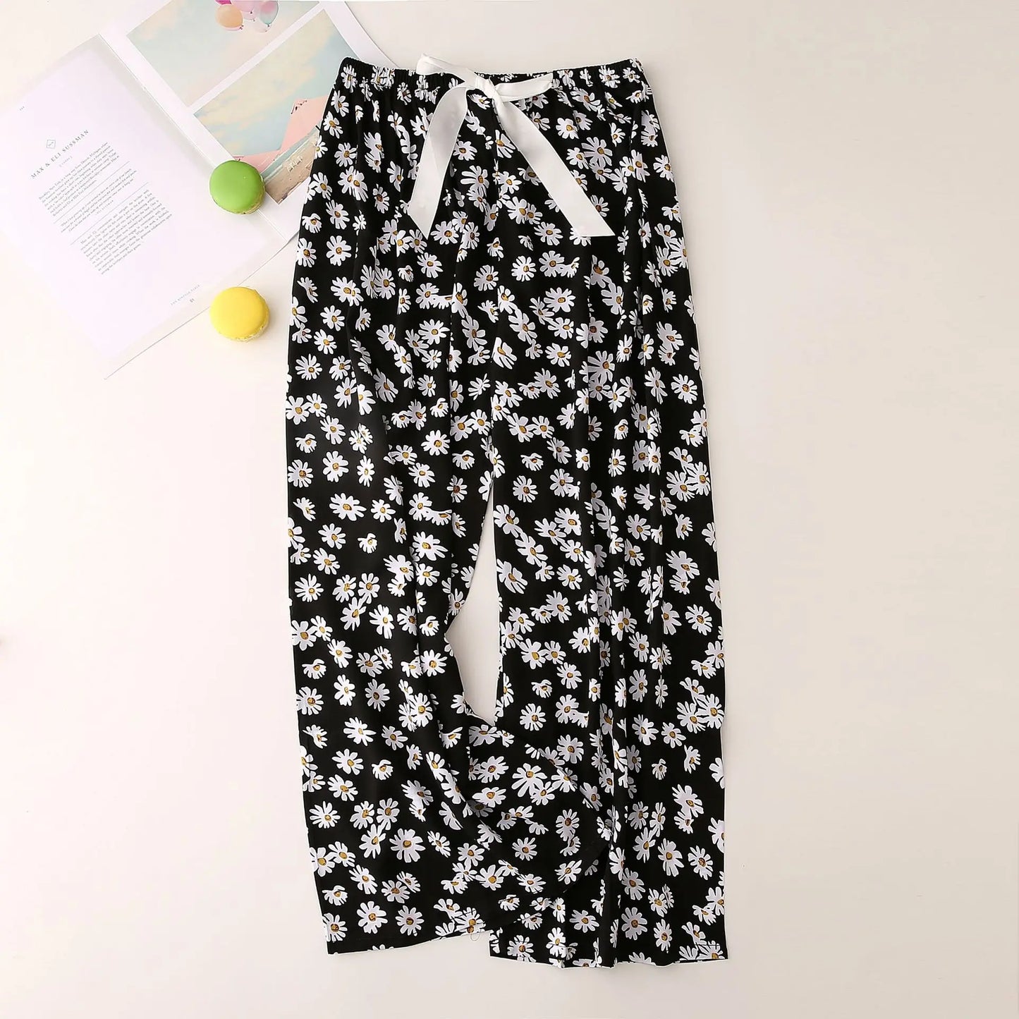 Cralom Floral Cotton Silk Pajama Pants Women's Loose Wide-leg Trousers