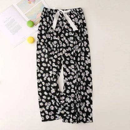 Cralom Floral Cotton Silk Pajama Pants Women's Loose Wide-leg Trousers