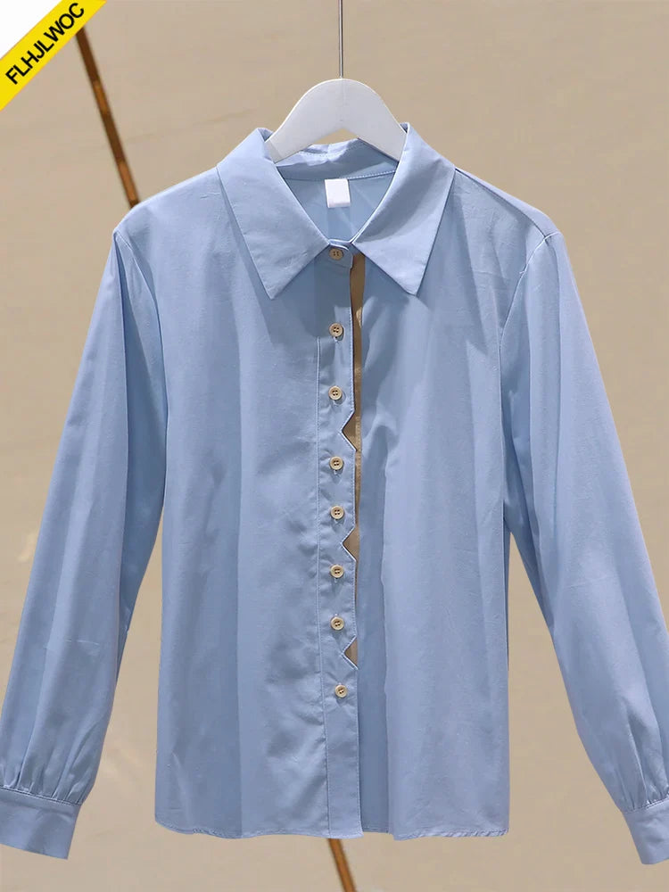 Cralom Retro Vintage Blue Button Cotton Tops Blouses for Chic Office Lady