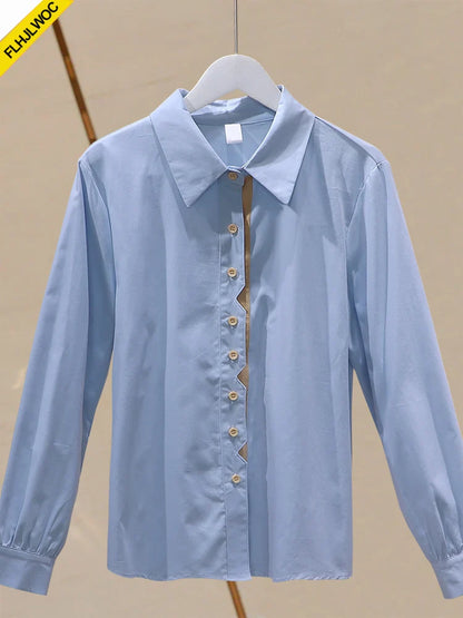 Cralom Retro Vintage Blue Button Cotton Tops Blouses for Chic Office Lady