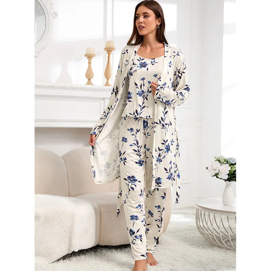 Cralom Satin Solid Color 3Pcs Pajama Set With Strap, Robe - Summer Sleepwear