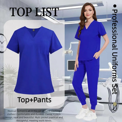 Cralom Multicolour Nurse Scrubs Set V-neck Top Pocket Pants