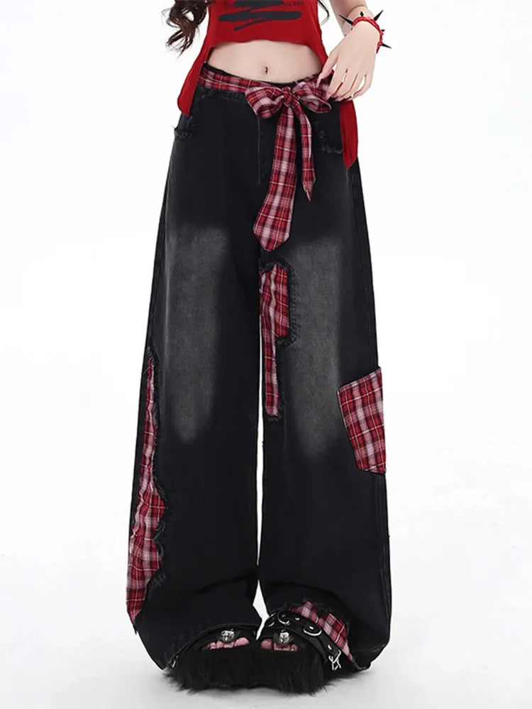 Cralom American Style Wide Leg Bow Jeans - High Waist Hottie Baggy Straight