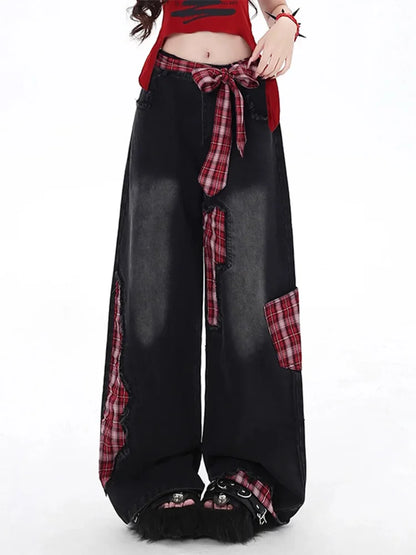 Cralom American Style Wide Leg Bow Jeans - High Waist Hottie Baggy Straight