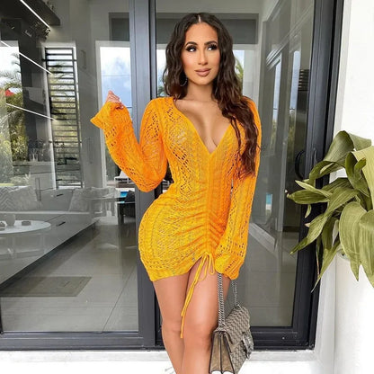 Cralom Solid Color V-neck Crochet Knit Dress Autumn 2024