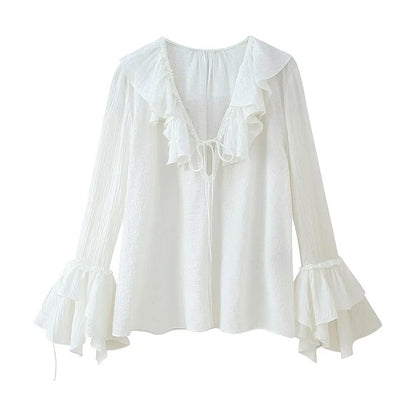 Cralom Women's White Ruffled V-Neck Chiffon Blouse Loose Fit Lace-up Casual Shirt