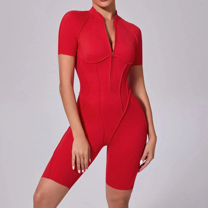 Cralom Zip Front Short Sleeve Jumpsuit - Summer Workout Activewear