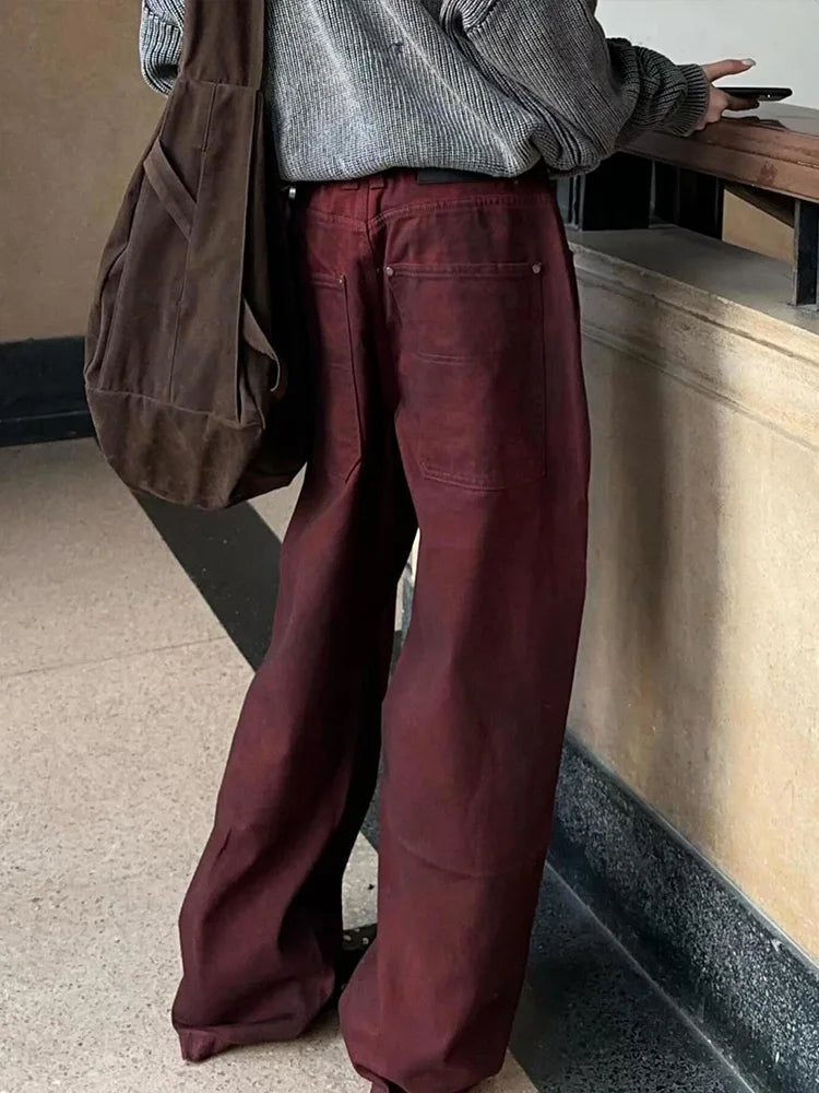 Cralom Vintage Washed Wide Leg Low Waist Jeans - Women's Streetwear Fashion