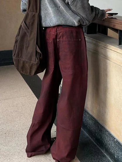 Cralom Vintage Washed Wide Leg Low Waist Jeans - Women's Streetwear Fashion