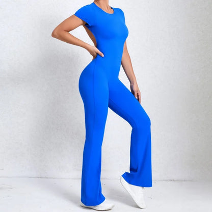 Cralom Deep Backless Yoga Jumpsuit - Flared Leg Naked Feeling Gym Wear