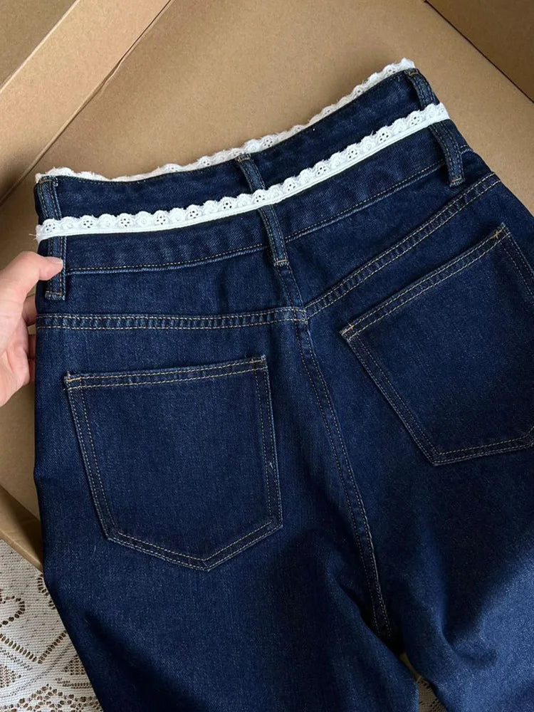 Cralom Vintage Blue Lace Spliced Straight Jeans Wide Leg Pants
