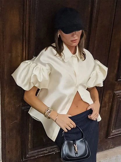 Cralom Satin Puff Sleeve Blouse Solid Lapel Single-breasted Pleated Shirt