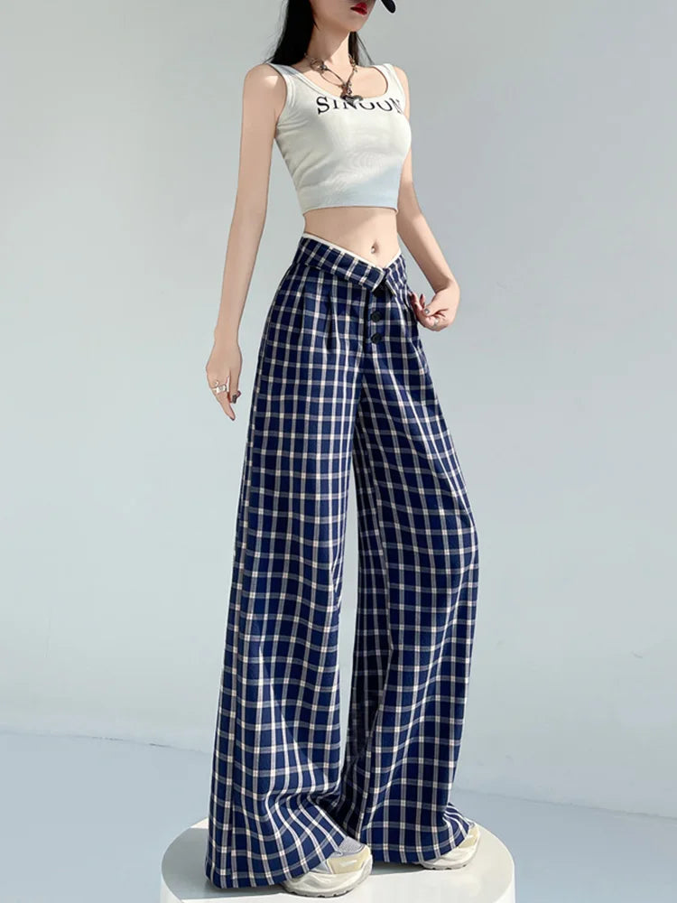 Cralom High Waist Plaid Capris Straight Pants