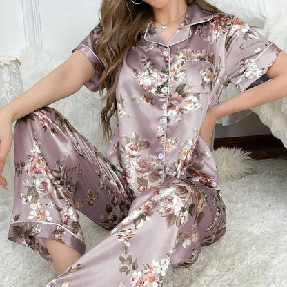 Cralom Satin Pajama Set: Short Sleeve Top & Long Pants Sleepwear