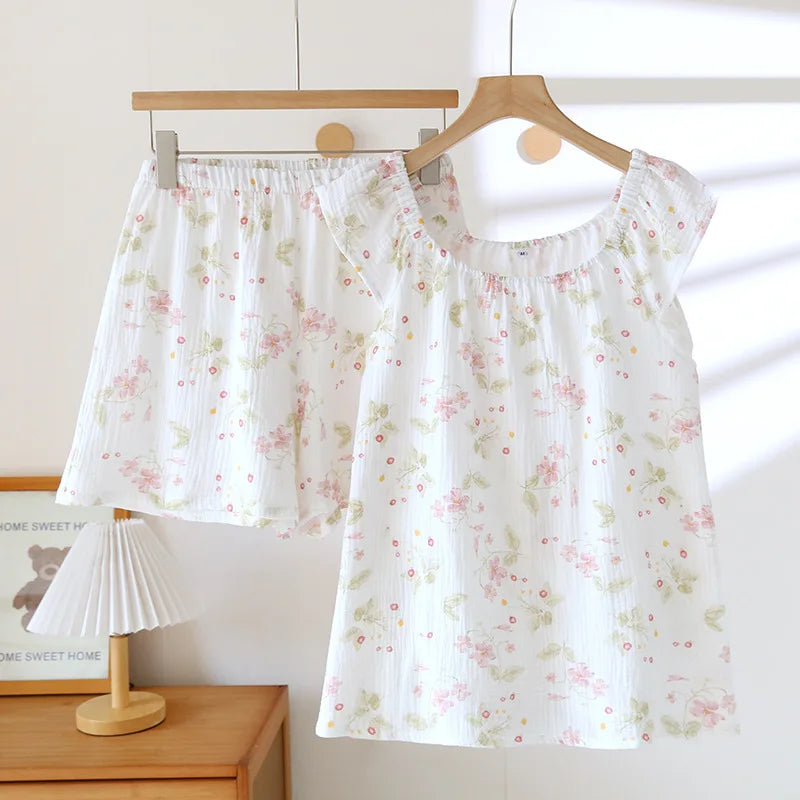 Cralom 100% Cotton Crepe Summer Pajama Set: Vest & Shorts Two Piece Sleepwear