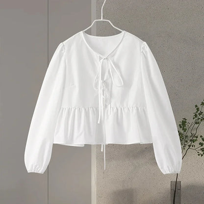Cralom Lace-Up Long Sleeve Blouse - Elegant Solid Color Office Shirt Top