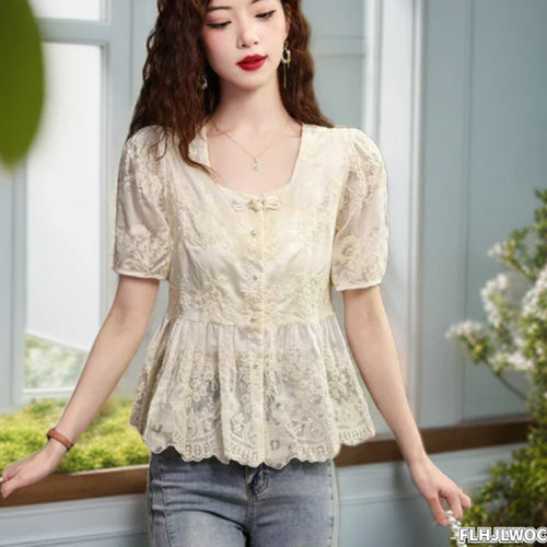 Cralom Embroidered Peplum Button Blouse | Women's Vintage Chic Slim Shirt